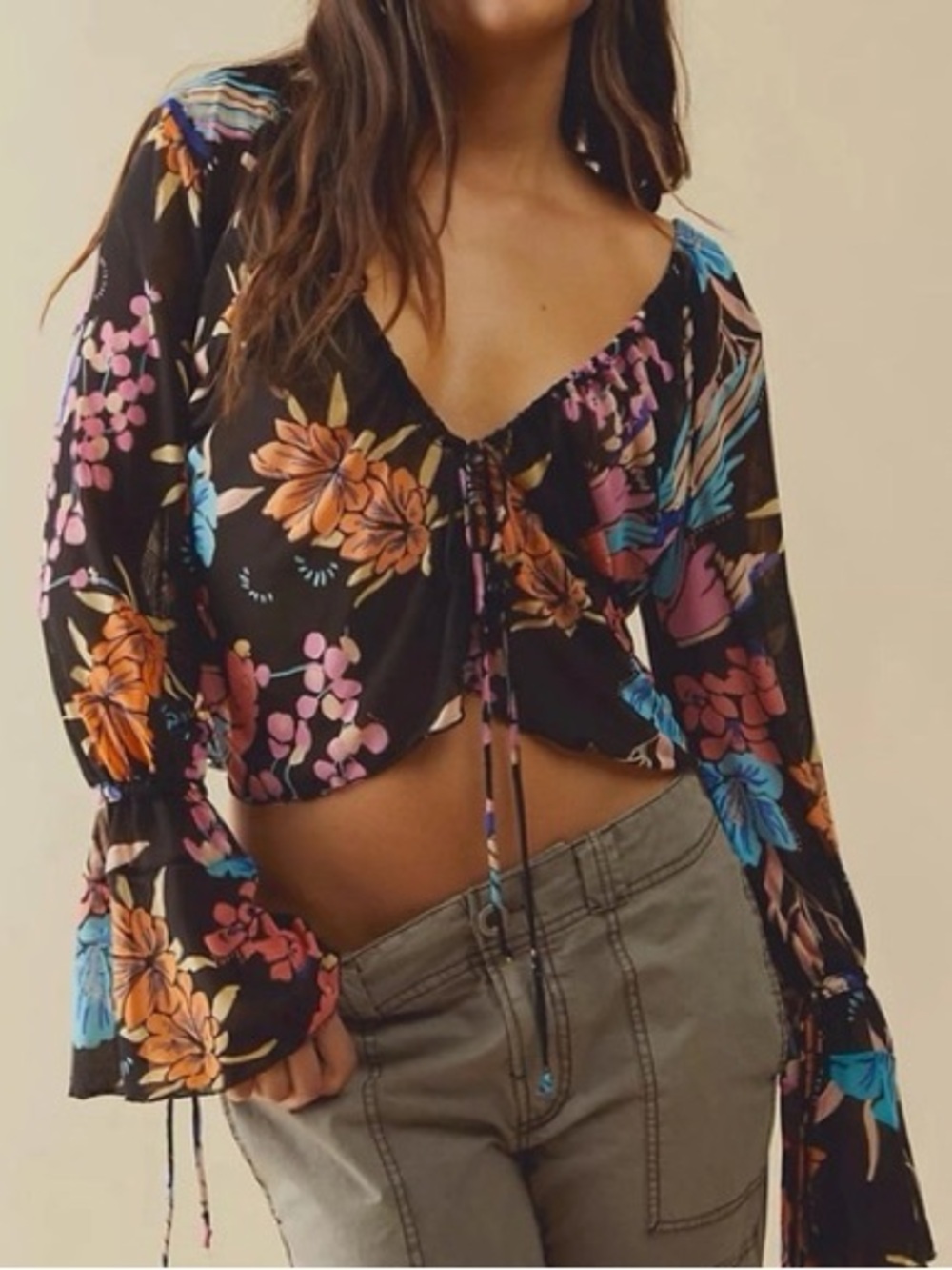 FREE PEOPLE Birds Of Paradise Floral Bell Sleeve Boho Top Size S